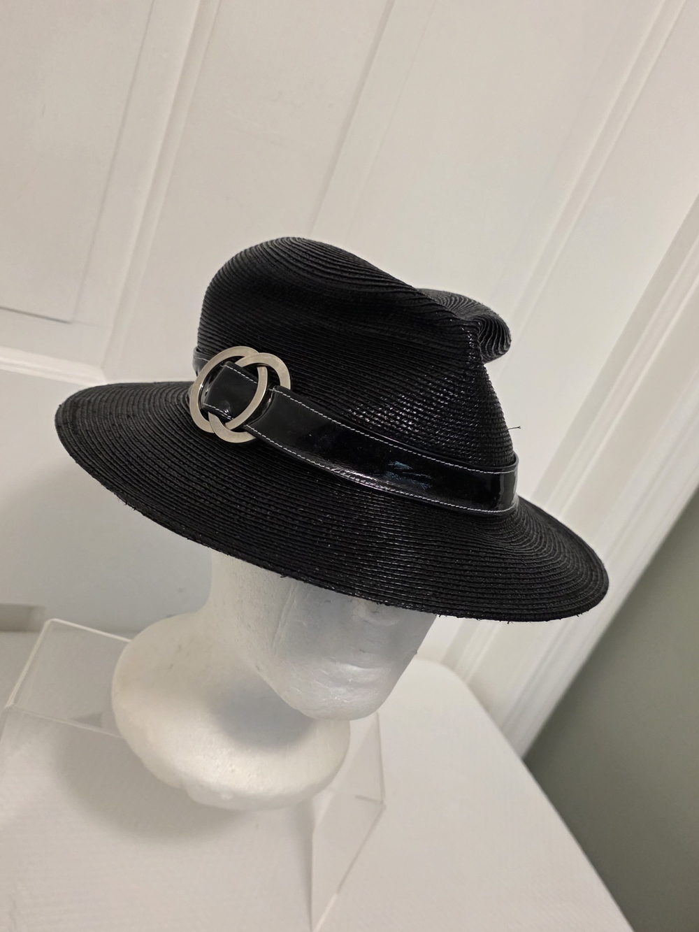 Black Straw Fedora with Patent Band and Silver Accent